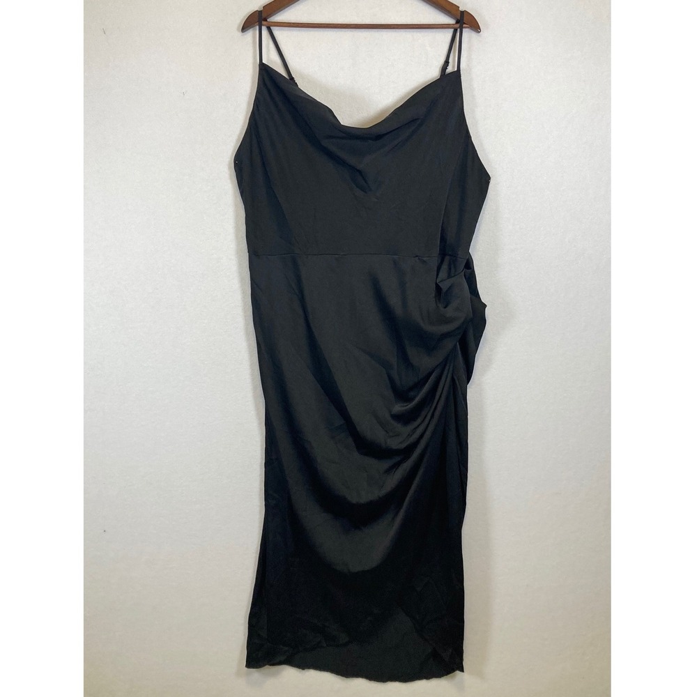 Elegant Black Satin Cowl Neck Midi Dress Plus 3X Ruched Tulip Hem Slip‎ Dress